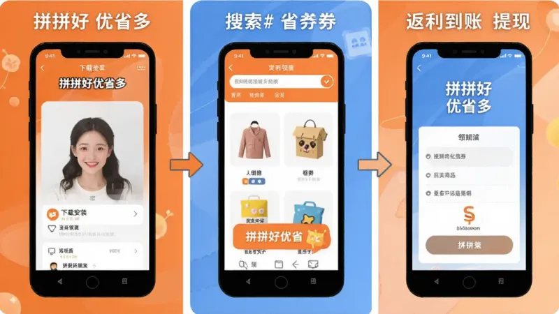 一张展示拼拼好优省多新手使用步骤的图片，画面分为三个部分，左侧显示手机下载安装界面，中间显示搜索商品领券界面，右侧显示返利到账提现界面，三个手机屏幕并排排列，用箭头连接表示流程，整体风格扁平化信息图，配色以橙色和蓝色为主，文字清晰易读，画质干净无多余元素，图片中带有文字