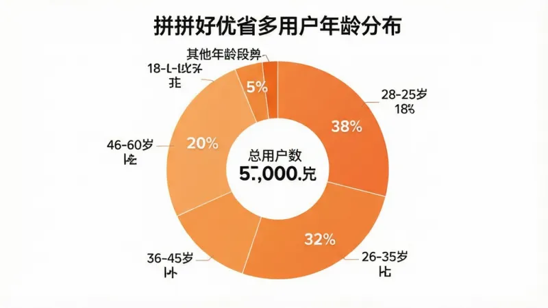 一张拼拼好优省多用户年龄分布饼状图，饼图分为五个扇形区域，分别标注18-25岁占比18%、26-35岁占比32%、36-45岁占比25%、46-60岁占比20%、其他年龄段占比5%，配色使用暖橙色系渐变，饼图中央显示总用户数，图表风格简洁现代，背景干净白色，文字清晰无多余元素，图片中带有文字