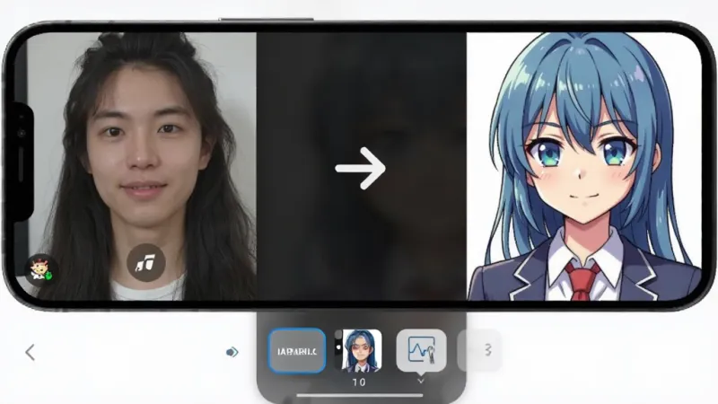 一张展示 image2 Pro生图 风格迁移功能的手机界面截图,画面中左边是普通人物照片,右边是转换成动漫风格后的照片,中间有一个箭头表示转换过程,手机屏幕下方有风格选择按钮,背景简洁,风格现代科技感,画质清晰干净无多余元素。