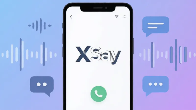 一张展示XSay软件核心界面的图片,画面中央是XSay的Logo和简洁的语音聊天界面,周围环绕着代表清晰语音通话的声波图标和代表社交的对话气泡,背景是柔和的蓝紫色渐变,现代扁平化风格,布局清晰,画质干净,无多余元素