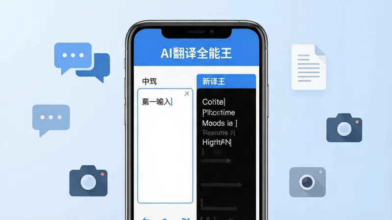 一张展示AI翻译全能王软件核心全貌的图片，画面中央是一部智能手机，手机屏幕上显示着AI翻译全能王的翻译界面，左侧是中文输入框，右侧是英文翻译结果，界面以蓝白配色为主，顶部有“AI翻译全能王”文字标识，手机周围散落着对话气泡、文档图标、相机图标等元素，背景是柔和的浅蓝色渐变，风格现代简洁扁平化，细节清晰，画质干净，无多余元素