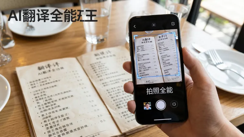 一张展示AI翻译全能王拍照翻译功能的图片，画面中一只手拿着手机对着餐厅的外文菜单拍照，手机屏幕上显示菜单原文被框选，下方同步出现中文翻译结果，界面顶部有“AI翻译全能王”文字，背景是餐厅桌面，风格写实明亮，细节清晰，画质干净，无多余元素