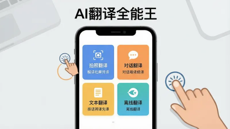 一张展示AI翻译全能王新手使用步骤的图片，画面中一部手机屏幕显示软件主界面，界面上有“拍照翻译”“对话翻译”“文本翻译”“离线翻译”四个功能卡片，每个卡片下方有简短说明文字，手机旁边有手指点击的图标示意操作，顶部有“AI翻译全能王”文字，背景是干净的浅灰色桌面，风格扁平化教学插图，细节清晰，画质干净，无多余元素