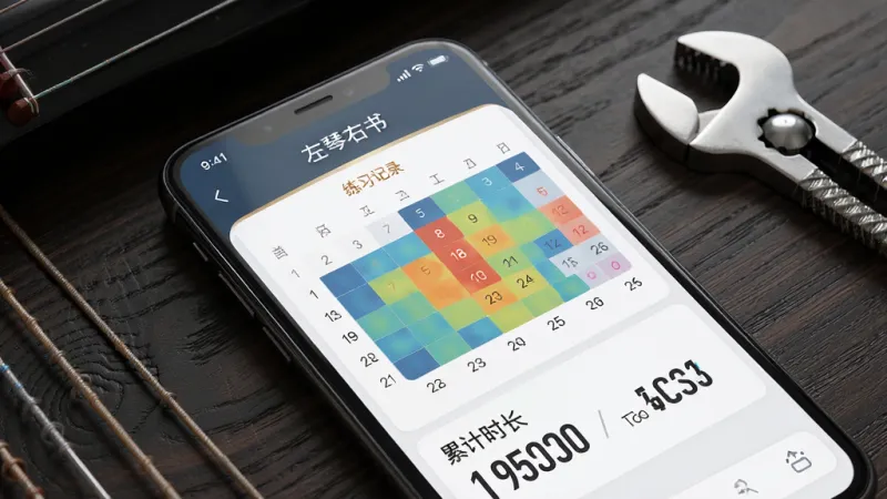 一幅AI生图,画面是一个手机屏幕特写,屏幕显示“左琴右书”应用的练习记录页面,有日历热力图和累计时长数字,手机周围散落着几根古琴琴弦和调音扳手,背景是深色木纹桌面,风格现代科技与中国风结合,细节锐利,画质高清,干净无多余元素