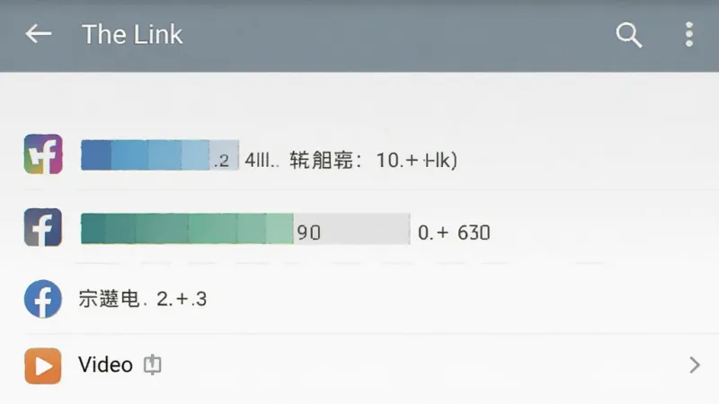 一张手机电池消耗统计截图风格的图片,画面中显示“The Link”应用在后台的耗电占比非常低,条形图显示其耗电量远低于其他社交和视频应用,界面为安卓系统电池管理页面风格,文字清晰,数据直观,画质干净