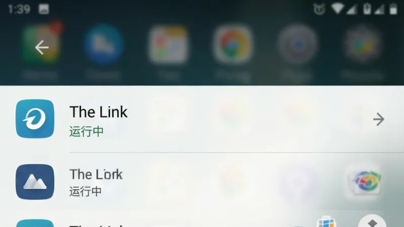 一张手机多任务管理界面的图片,画面中显示“The Link”应用在后台运行列表里,旁边标注“运行中”状态,界面为安卓最近任务样式,背景模糊,前景清晰,画质干净,无多余元素