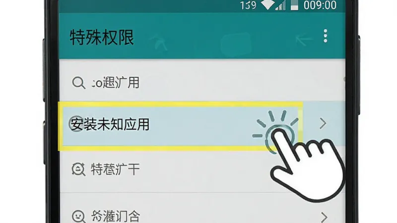 一张手机操作步骤示意图,画面中显示安卓手机设置界面的“特殊权限”页面,高亮标注“安装未知应用”选项,旁边有手指点击的图标,界面为安卓原生风格,文字清晰,配色简洁,画质干净无多余元素