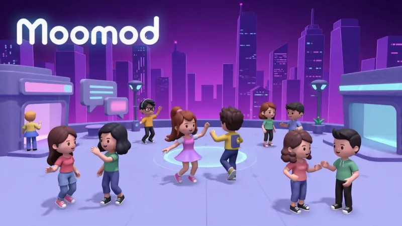 一张展示Moomod应用核心界面的全景图,画面中央是一个充满未来感的虚拟社交广场,广场上有多个造型各异的3D卡通虚拟角色在互动,有的在跳舞有的在聊天,背景是渐变紫色的霓虹城市天际线,画面左上角有醒目的Moomod白色发光Logo,整体风格为赛博朋克融合可爱卡通,色彩鲜艳,画质干净,无多余元素