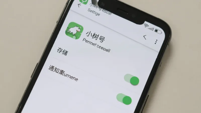 一张展示小树号在安卓手机上安装和权限设置界面的图片,画面中手机屏幕显示应用权限管理页面,上方有“小树号”应用名称,下方是存储和通知权限开关,背景为手机设置界面风格,画质干净无多余元素。