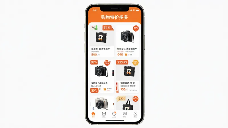手机屏幕中央展示购物特价多多App主界面,界面顶部有