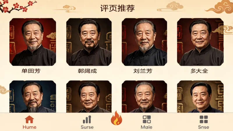 评书大全 手机应用主界面 首页推荐 单田芳 袁阔成 刘兰芳等名家评书封面 分类清晰 底部导航栏 暖色调 中国风设计 干净无广告 高清画质