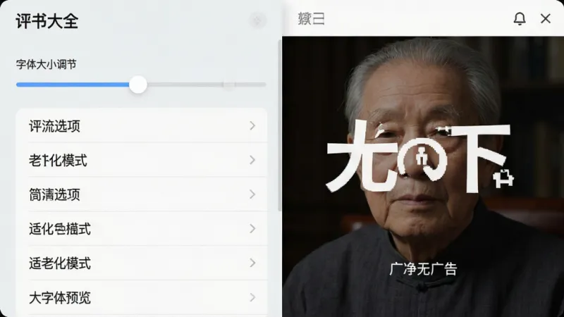评书大全 设置界面 字体大小调节滑块 大字体预览 适老化模式 简洁选项列表 浅色背景 高清画质 干净无广告