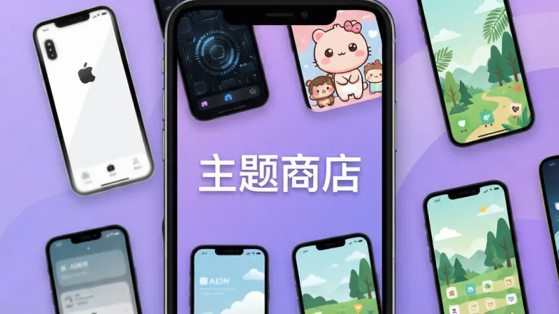 一张手机屏幕展示界面,画面中央是“主题商店”四个大字,周围环绕着各种风格的精美手机主题缩略图,包括极简白、暗黑科技、可爱卡通、清新自然等风格,背景是柔和的渐变紫色,整体布局清晰,风格现代扁平,细节圆润,画质干净,无多余元素