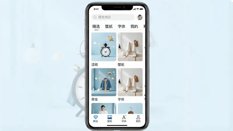 一张展示“主题商店”App内部界面的图片,画面中央是手机屏幕,屏幕上显示着分类清晰的网格布局,每个格子是一个主题预览图,顶部有搜索栏和分类标签,底部有“精选”“壁纸”“字体”“我的”四个图标,整体风格清爽明亮,以白色和淡蓝色为主色调,画质干净,无多余元素
