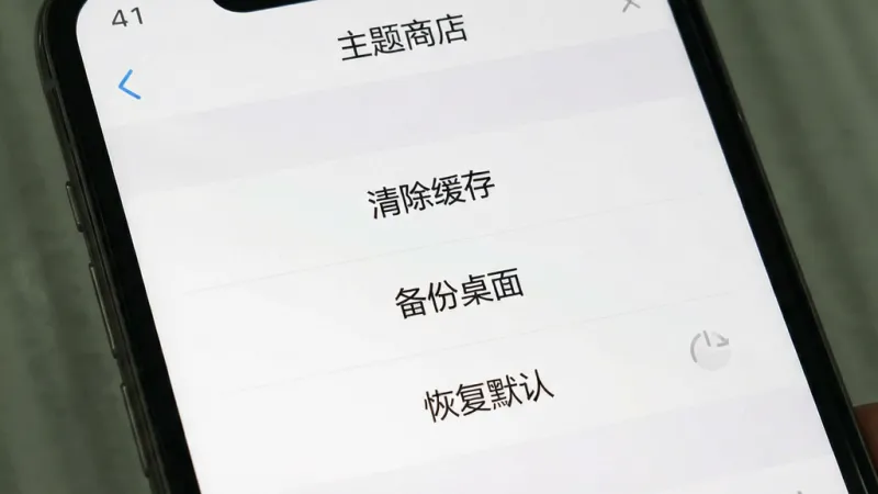 一张手机屏幕截图风格的图片,画面显示“主题商店”App的设置页面,有“清除缓存”“备份桌面”“恢复默认”等选项按钮,界面简洁,以白色和浅灰色为主,文字清晰,画质干净,无多余元素