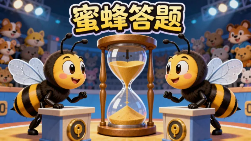 两只卡通蜜蜂面对面站在答题台两侧，中间是一个倒计时沙漏，背景是竞技场风格，观众席上坐满小动物，画面色彩明快，风格卡通，顶部有“蜜蜂答题”艺术字，构图对称，细节丰富但无杂乱元素
