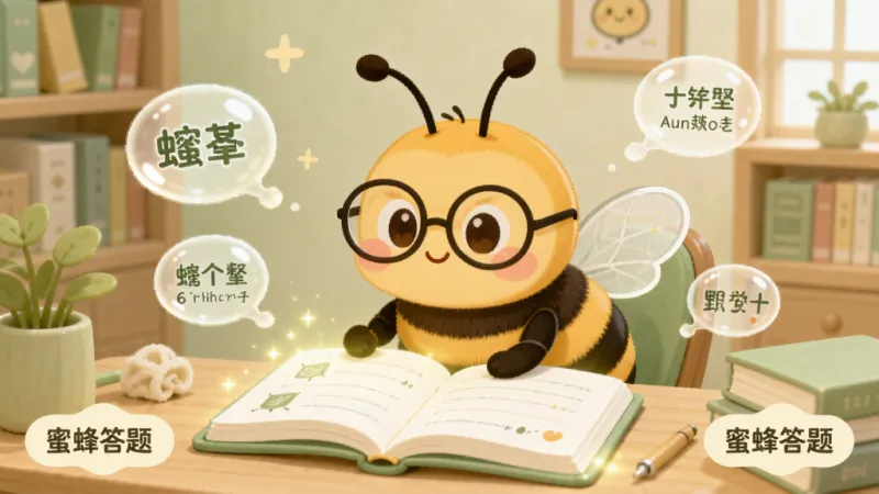 一只卡通蜜蜂戴着眼镜坐在书桌前，面前摊开一本发光的错题本，周围飘着各种知识点气泡，背景是温馨的书房，风格柔和，色调以淡绿和米白为主，画面中有“蜜蜂答题”小标签，整体布局清晰，无多余装饰