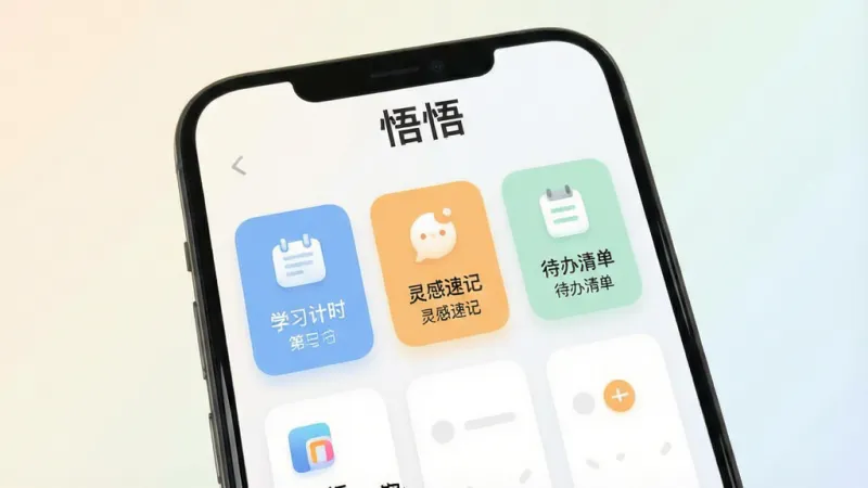 一张展示“悟悟”软件核心界面的图片，主体是一个简洁现代的移动应用主屏幕，布局清晰，顶部显示“悟悟”文字标识，中间是功能卡片式排版，包含学习计时、灵感速记、待办清单等图标，排版有序，风格清新简约，细节圆润柔和，画质干净无多余元素，背景为浅色渐变。