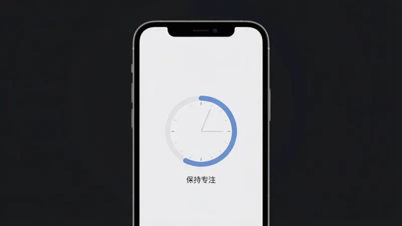 一张展示“悟悟”软件专注模式界面的图片，主体是一个极简风格的手机屏幕，布局居中，中央显示一个圆环形倒计时进度条，下方有一行小字“保持专注”，排版干净，风格宁静极简，细节清晰，画质干净无多余元素，背景为深色护眼模式。