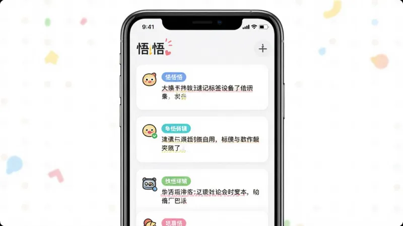 一张展示“悟悟”软件速记与标签管理界面的图片，主体是手机屏幕，布局为卡片流形式，排版展示多条带有彩色标签的短文本笔记，风格轻快活泼，细节图标清晰，画质干净无多余元素，背景为纯白色。