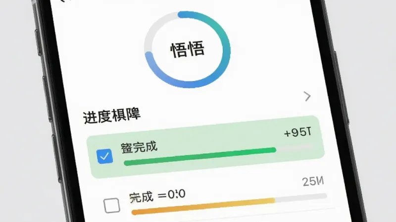 一张展示“悟悟”软件待办清单与进度追踪界面的图片，主体是手机屏幕，布局为列表加顶部进度环，排版展示已完成和未完成的任务项，风格商务简约，细节复选框和进度条清晰，画质干净无多余元素，背景为浅灰色。