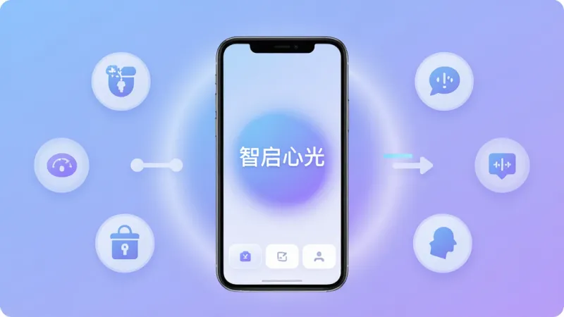 一张展示智启心光手机应用主界面的图片，画面中央是一部现代智能手机，屏幕显示“智启心光”的简洁主页，背景是柔和的蓝紫色渐变光晕，周围环绕着代表智能、便捷的抽象图标元素，布局居中对称，风格现代扁平化，细节圆润，色彩干净通透，画质清晰无多余元素。