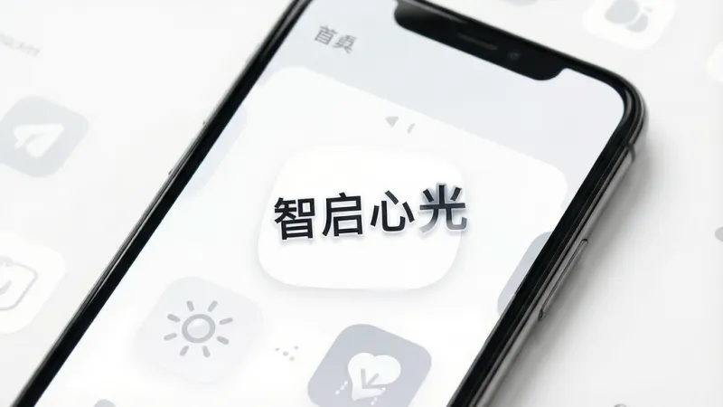 一张展示智启心光极简界面的图片，画面主体是手机屏幕特写，屏幕上显示“智启心光”应用的主页，背景为纯白与浅灰搭配，图标大而清晰，布局留有大量呼吸感，风格干净利落，光线明亮，画质锐利，无任何多余装饰元素。