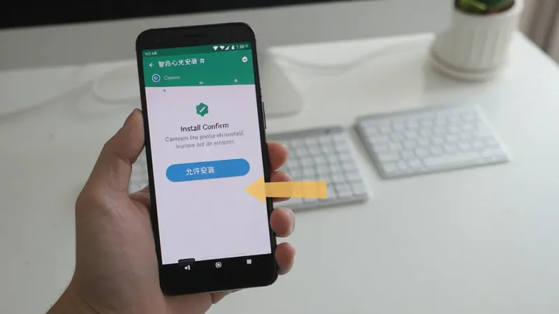 一张展示智启心光安装步骤的图片，画面是一只手拿着手机，屏幕上显示安卓系统的安装确认界面，旁边有箭头指向“允许安装”按钮，背景是简洁的桌面环境，风格写实，光线自然，画质清晰，无多余文字。