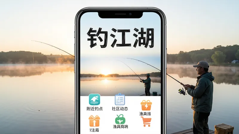 一张手机屏幕展示“钓江湖”APP主界面的图片，画面中心是APP界面，上方有“钓江湖”三个大字，背景是清晨的湖边，有钓友在抛竿，界面布局简洁，包含附近钓点、社区动态、渔具商城等图标，风格写实清新，画质干净，无多余元素