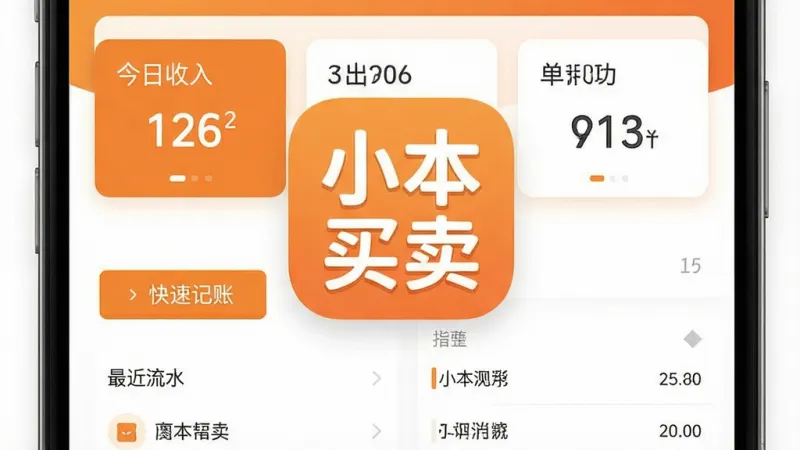 一张手机应用界面截图,画面中央显示“小本买卖”四个大字的应用图标和简洁的记账主界面,主界面包含今日收入、支出、利润三个大数字卡片,下方是快速记账按钮和最近流水列表,整体采用暖橙色与白色搭配的扁平化设计,风格清爽接地气,画质干净无多余元素,无广告弹窗
