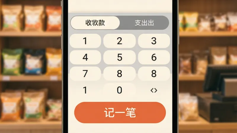 手机屏幕特写,显示小本买卖的快速记账界面,一个巨大的“记一笔”按钮位于屏幕下方,上方弹出数字键盘和收款/支出两个切换选项,背景是模糊的店铺货架,突出操作便捷性,暖色调,扁平化UI风格,画质清晰干净