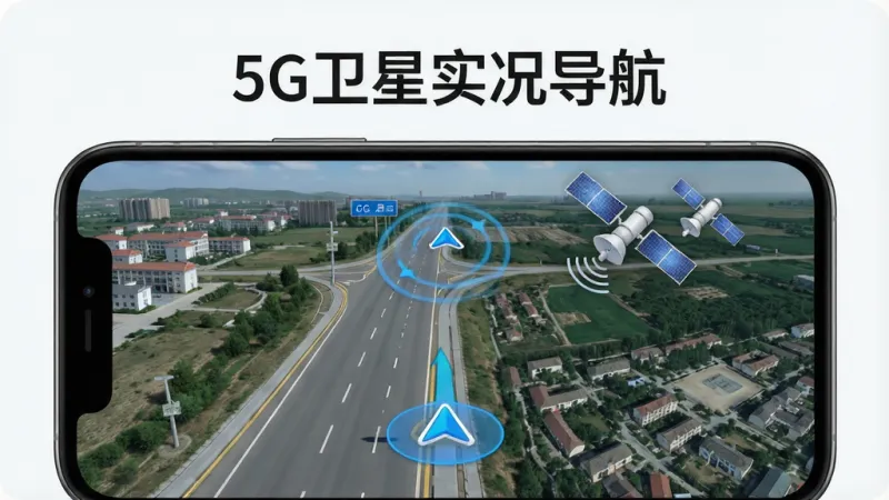 一张展示5G卫星实况导航核心全貌的图片，主体为手机屏幕显示实景导航画面，画面中道路与卫星地图融合，屏幕上方有“5G卫星实况导航”字样，布局居中，排版简洁，风格现代科技感，细节包含蓝色定位光标和卫星图标，画质高清干净无多余元素