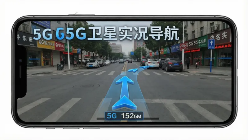 一张展示5G卫星实况导航实景导航功能的图片，主体为手机屏幕显示真实街道画面叠加AR导航箭头，画面中有“5G卫星实况导航”文字标识，布局为全屏实景，排版突出箭头指引，风格写实科技风，细节包含蓝色转向箭头和距离数字，画质清晰干净无多余元素