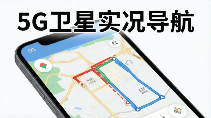一张展示5G卫星实况导航智能路线规划功能的图片，主体为手机屏幕显示地图路线规划界面，画面中有“5G卫星实况导航”文字标识，布局为地图上多条彩色路线，排版清晰，风格扁平化设计，细节包含红色拥堵路段和蓝色备选路线，画质干净无多余元素