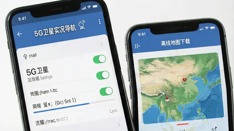 一张展示5G卫星实况导航新手设置界面的图片，主体为手机屏幕显示权限设置和离线地图下载页面，画面中有“5G卫星实况导航”文字标识，布局为列表式选项，排版整齐，风格扁平化，细节包含开关按钮和下载进度条，画质干净无多余元素