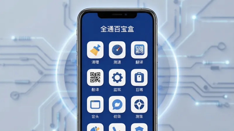 一张展示全通百宝盒核心功能的手机应用界面截图,画面中央是手机屏幕,屏幕内显示全通百宝盒的主界面,界面以深蓝和白色为主色调,顶部有“全通百宝盒”文字标题,中间是网格状排列的工具图标,包括清理、测速、翻译、二维码等,图标风格扁平圆润,背景干净整洁,手机周围有轻微的光晕特效,整体风格现代科技感,画质清晰,无多余元素