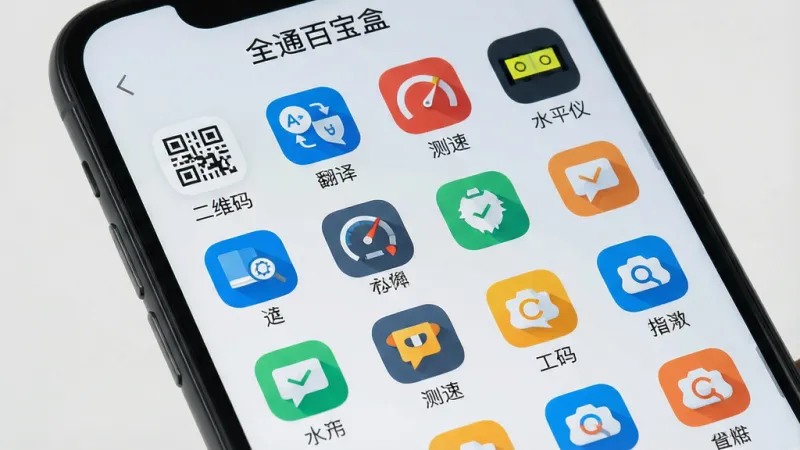 一张展示全通百宝盒工具列表界面的图片,画面主体是手机屏幕,屏幕内显示全通百宝盒的工具网格页面,每个工具图标下方有中文名称标签,如“二维码”“翻译”“测速”“水平仪”等,界面背景为浅灰色,图标为彩色扁平化设计,屏幕上方有“全通百宝盒”字样,整体风格简洁明快,细节清晰,画质干净无多余元素