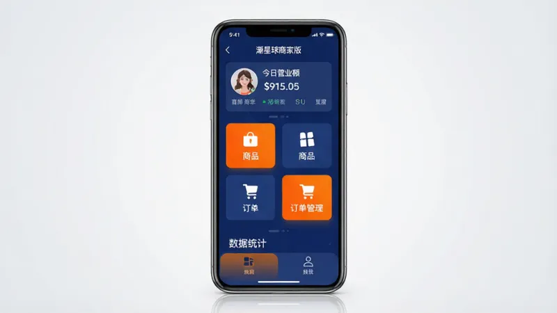 一张展示潮星球商家版应用核心界面的手机效果图,画面中央是一部现代智能手机,屏幕上显示着潮星球商家版的主页,顶部有店铺头像和今日营业额数据卡片,中间是商品管理和订单管理的快捷入口图标,底部是数据统计和我的两个选项卡,整体配色以深蓝和亮橙为主,风格现代简洁,背景是干净的浅灰色渐变,画质清晰,无多余元素