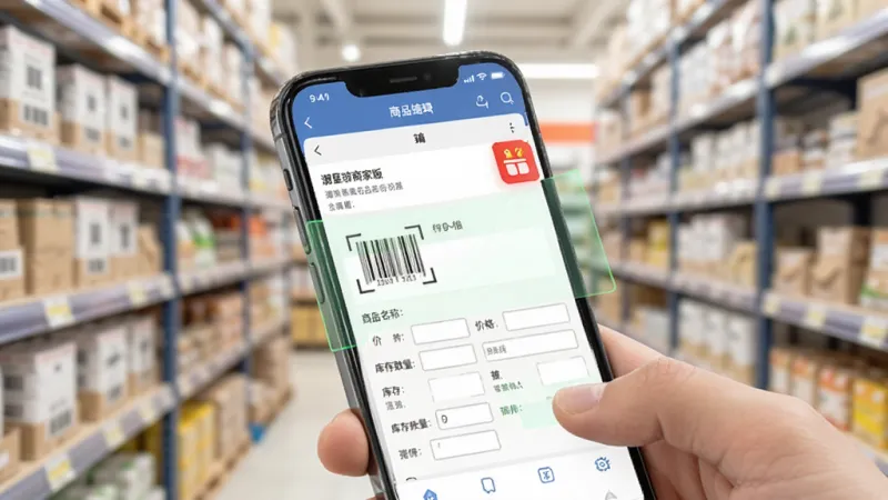 潮星球商家版商品库存管理功能展示图,画面中一部手机正对着商品条码进行扫描,手机屏幕上显示着商品详情编辑界面,包含商品名称、价格、库存数量等字段,旁边有库存预警的红色角标,背景是模糊的货架场景,整体光线明亮,画质清晰,突出扫码操作的便捷性,无多余元素