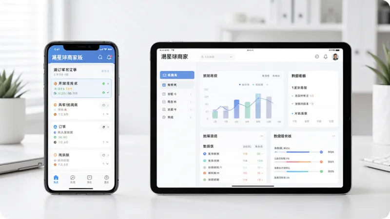 潮星球商家版在手机和平板上的多设备适配展示图,画面左侧是一部竖屏手机显示订单列表,右侧是一台横屏平板显示数据看板,两台设备界面风格统一,背景是简洁的办公桌面,整体色调明亮干净,画质清晰,突出跨设备使用的便捷性,无多余元素