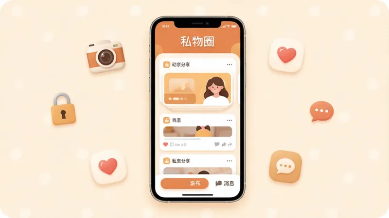 私物圈App主界面全貌展示,画面中央放置一部手机,手机屏幕上显示私物圈应用主页面,页面以暖色调为主,顶部有“私物圈”三个字,中间是卡片式动态分享流,底部有发布按钮和消息入口,周围环绕着相机、锁、爱心、聊天气泡等小图标,整体风格温馨简约,扁平化设计,细节圆润,画质干净清晰,无多余元素
