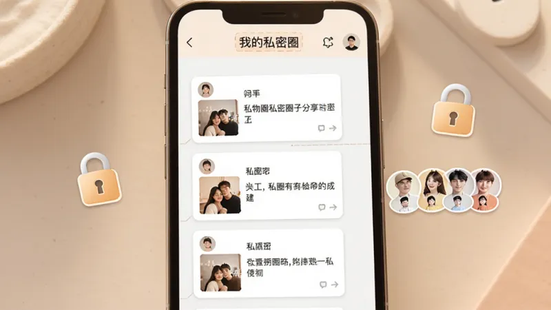 私物圈私密圈子分享功能展示,画面中一部手机屏幕显示私密圈子聊天界面,上方标注“我的私密圈”字样,屏幕内展示三条图文动态卡片,每张卡片配有小图和简短文字,卡片之间用细线分隔,手机旁边放置一个带锁的图标和几个小人头像代表圈内成员,整体布局清晰,风格温馨现代,色调柔和,画质干净,无多余元素