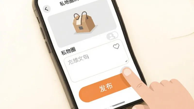 私物圈简单易用操作界面展示,画面中一部手机屏幕显示私物圈发布动态页面,页面上方有图片上传区域和文字输入框,下方有“发布”按钮,界面布局简洁,按钮大而清晰,手机旁边有一个手指点击屏幕的示意图,背景为暖白色,整体风格友好易用,扁平化设计,画质干净,无多余元素