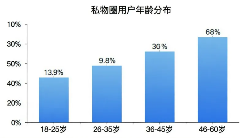 私物圈用户年龄分布柱状图,横轴标注年龄段“18-25岁”“26-35岁”“36-45岁”“46-60岁”,纵轴标注人数占比百分比,柱状图颜色为渐变蓝色,每个柱子上方标注具体百分比数字,图表标题为“私物圈用户年龄分布”,背景为白色,整体风格简洁数据可视化,画质干净,无多余元素