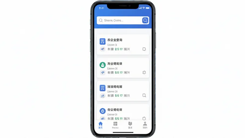 企业信息云查询查 手机应用主界面 蓝白配色 顶部搜索框 中间显示企业列表卡片 底部导航栏 简洁扁平化设计 高清画质 干净无多余元素