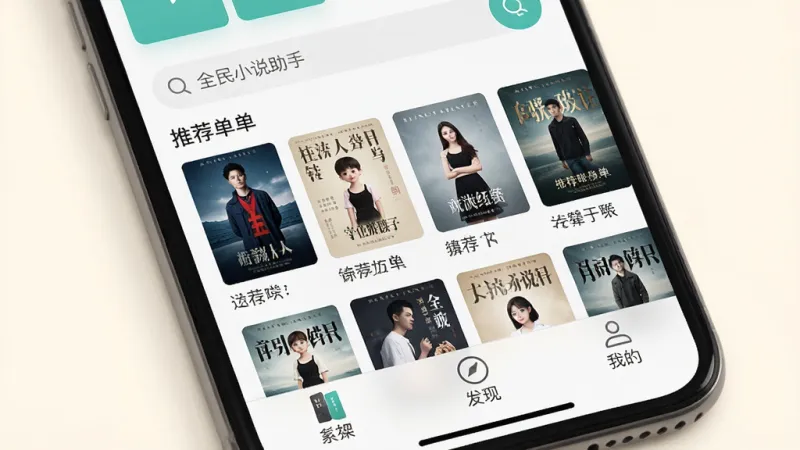 一张手机屏幕特写展示“全民小说助手”应用的主界面,界面设计简洁,顶部有搜索框,中间是推荐书单的封面网格,底部是书架、发现、我的三个导航按钮,背景是柔和的米白色,整体风格清新干净,画质清晰,无多余元素