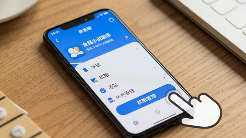 一部手机放在桌面上,屏幕显示“全民小说助手”的应用信息页面,页面中有存储、权限、通知等选项,旁边有一个手指图标正在点击“权限管理”按钮,背景是木质桌面,风格生活化,画质清晰