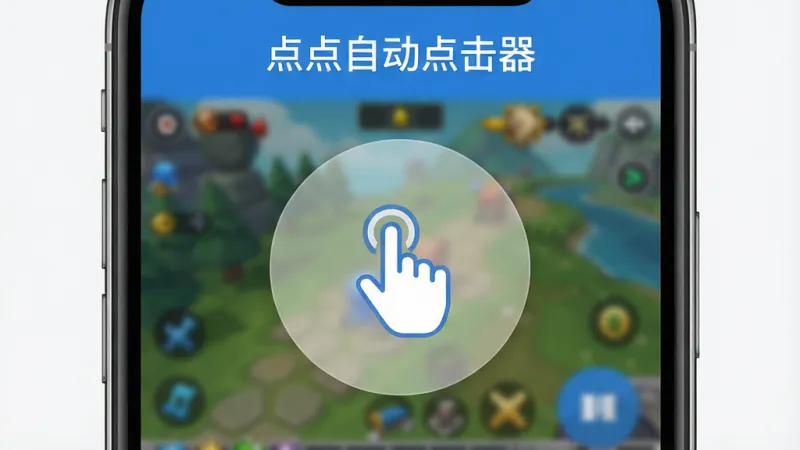 手机屏幕中央展示着一个简洁的自动点击器应用界面，应用名称“点点自动点击器”清晰显示在顶部，界面主体是一个半透明的圆形控制悬浮窗，悬浮窗上有一个手指点击的图标，背景是模糊的手机游戏画面，整体风格现代、扁平化，配色以蓝白为主，细节干净，画质清晰，无多余元素