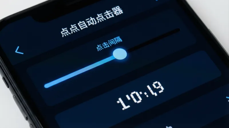 手机屏幕特写，显示“点点自动点击器”的设置界面，界面上有滑动条用于调节点击间隔，有坐标显示区域，整体界面布局清晰，文字标签明确，以深色背景搭配蓝色高亮，风格科技感，画质干净无多余元素