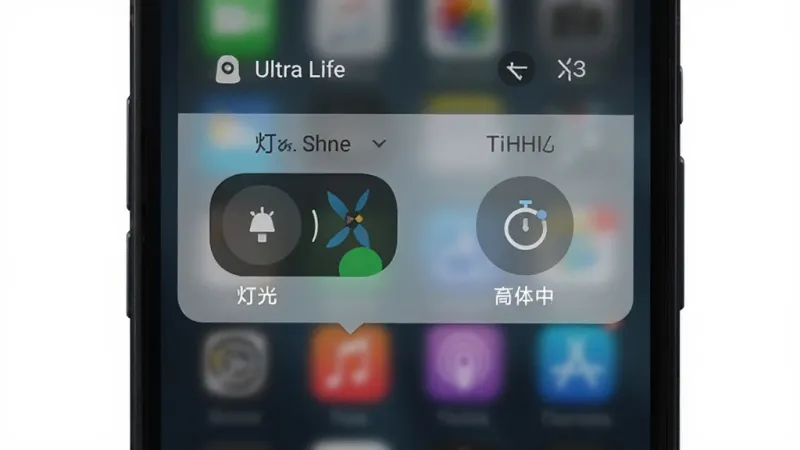 Ultra Life通知栏快捷开关和定时设置界面，手机屏幕显示下拉通知栏中的灯光控制按钮和定时器图标，布局简洁，风格现代，画质清晰干净